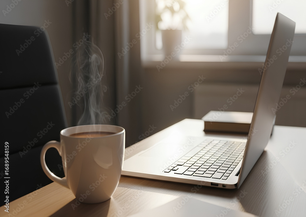 Fototapeta premium Laptop and coffee on desk, business concept scene with steaming coffee cup and open laptop on wooden desk. Remote work with coffee on desk concept and book in background.
