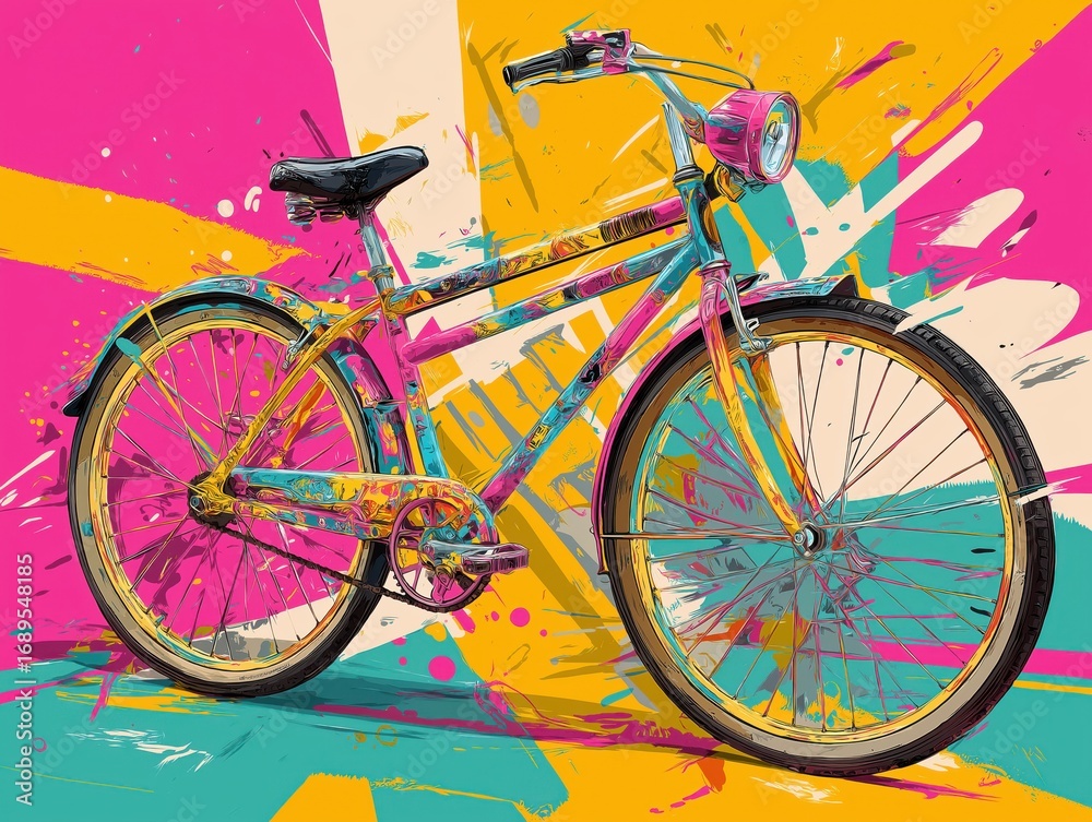 Fototapeta premium Vibrant, retro bicycle pops with colorful abstract paint splatters on a bold, energetic background