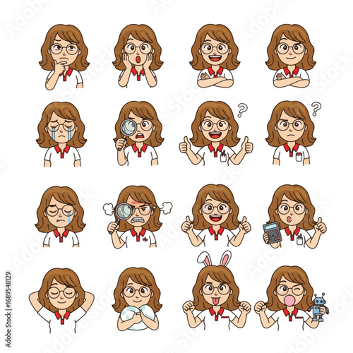 Set of woman facial expressions isolated on white background