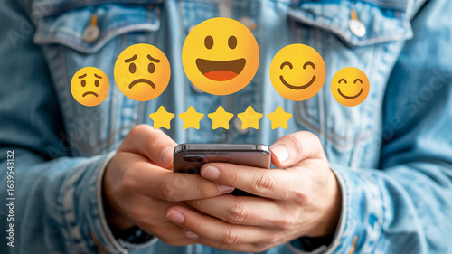 Person holding smartphone with emoji rating and star review icons floating above mobile phone hand