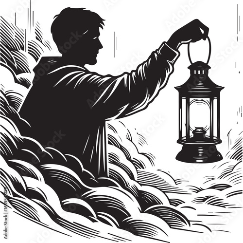 Young person holding a lit lantern illuminates a dark and mysterious misty path ahead showing courage and discovery