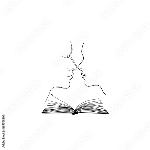 Continuous line drawing of two faces gazing at each other above an open book in black and white style