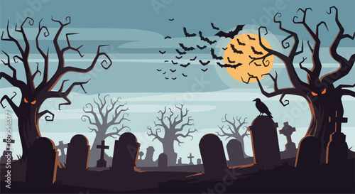 Spooky Halloween Night: Eerie Graveyard with Bare Trees, Flying Bats, Full Moon, and Tombstones