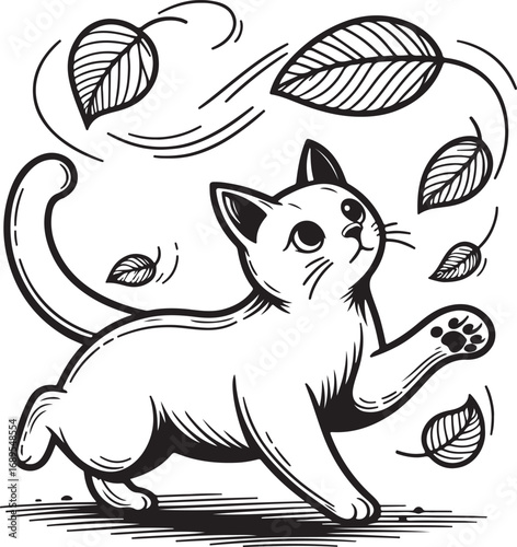 Cute Kitten Playing Amongst Falling Autumn Leaves Outdoors