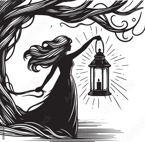 Mysterious Woman Holding Lantern Under Ancient Tree Branches Illuminating The Night