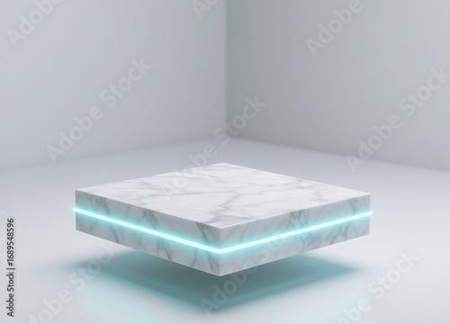 Marble podium with blue neon light isolated on white background