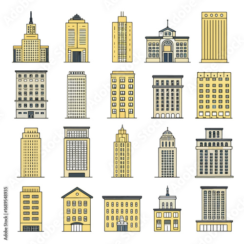 Collection of various building designs isolated on white background