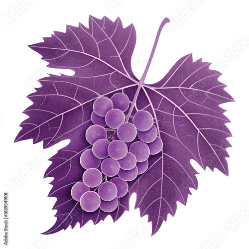 Purple Grape Cluster on Vine Leaf: Elegant, Lush, Vintage Style Illustration