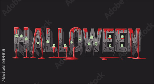 Halloween bloody text effect vector illustration with creepy dripping letters and spooky eyes on a dark background. Spooky holiday graphic asset.