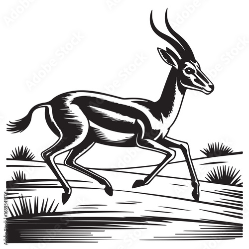 Silhouette of antelope running fast in savanna grassland