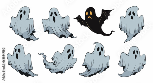 Assets for Halloween: Cartoon Ghost Collection. Spooky Flying Phantoms with Various Expressions. White and Black Spectral Figures.