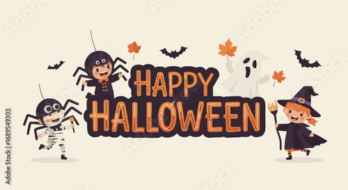 Happy Halloween vector banner with cute cartoon characters, spooky spiders, friendly ghost, little witch, bats, and fall leaves illustration