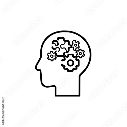 Outline of a human head with gears and puzzle pieces inside representing thought process and problem solving