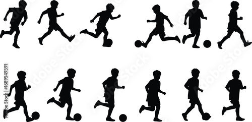 Silhouettes of boys playing soccer, kids kicking ball, active children, outdoor sports, youth football game, running kids, healthy lifestyle, team play