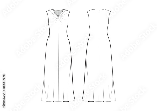 Women Minimal Drapery Twisted Details Maxi Dress Cocktail Evening Gown Dress, Front & Back view, fashion flat sketch, Editable Flat Technical Drawings Illustration, Dress Mockup, dress CAD