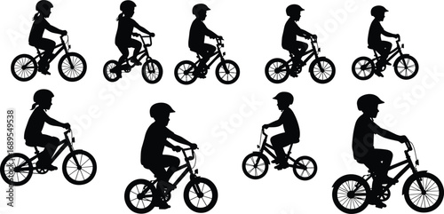 Silhouettes of kids riding bicycles, children cycling, boys and girls biking, outdoor activity, healthy lifestyle, youth biking illustration