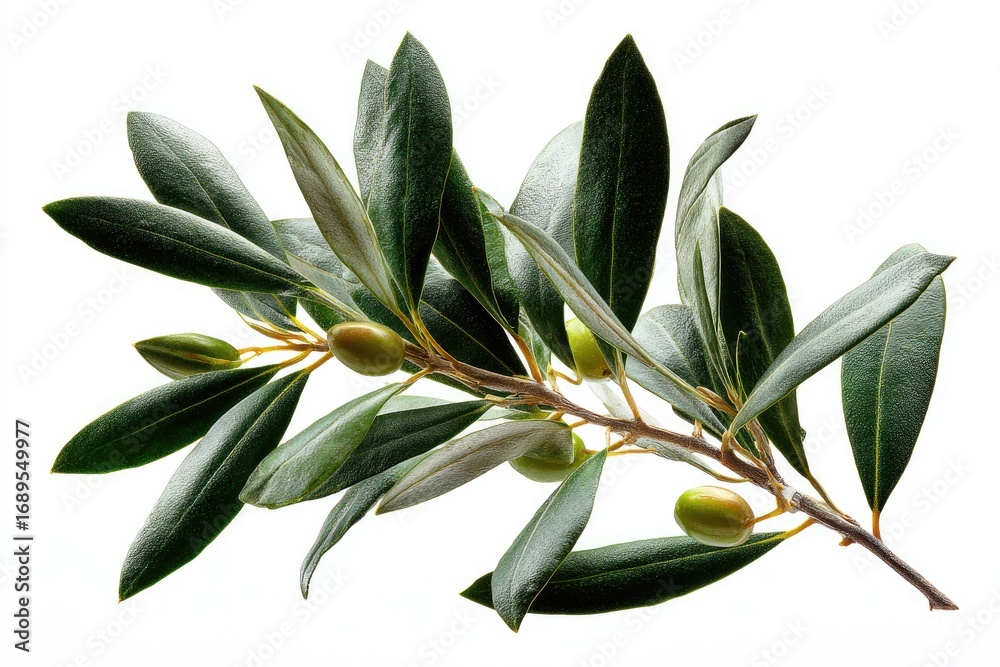 Obraz premium A close-up, detailed view of an olive branch with vibrant green leaves and small, fresh olives.