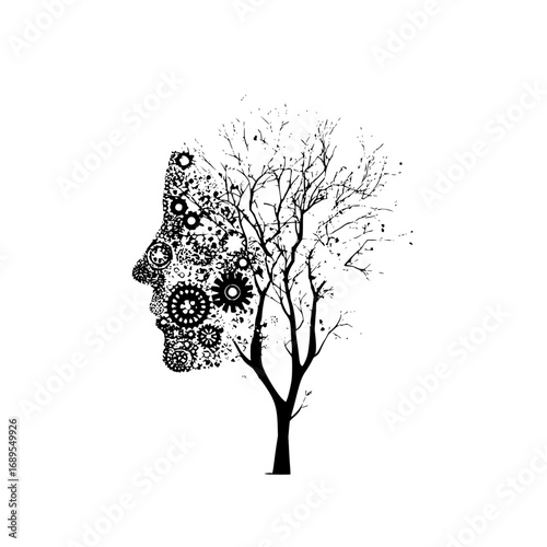 Silhouette of a human face merging with a tree composed of gears and intricate mechanical parts design