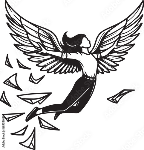A woman with large wings spreads her arms open flying upwards with paper planes around her
