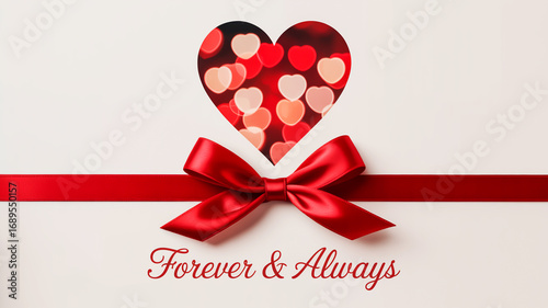 Red ribbon bow on white background with heart shape cutout and bokeh lights valentine love