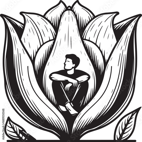 Man Sitting Inside a Stylized Flower Illustration