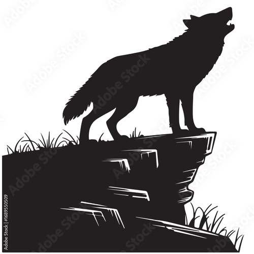 Silhouette of howling wolf standing on rock cliff with grass