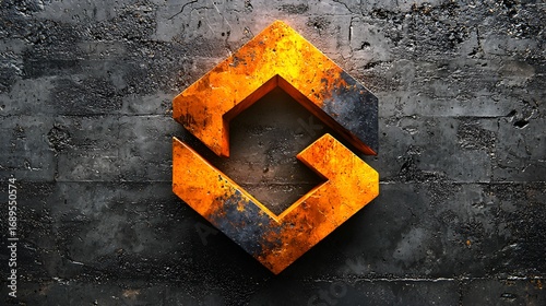 Fiery orange metal logo on dark wall.