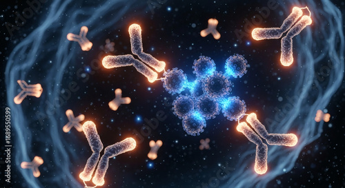 Microscopic view of glowing antibodies surrounding and binding to a cluster of viral particles within a cellular environment.