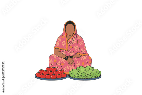 An Indian Woman Fruit Vendor Selling Vegetables at a Street Market Stall – Rural Indian Marketplace Artwork Depicting Local Culture and Female Entrepreneurs