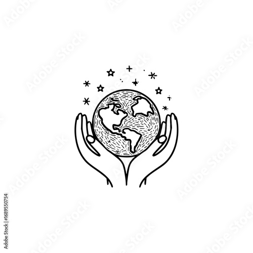 Illustration of hands holding the earth with stars and plus signs around it in black and white style