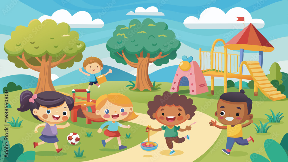 Fototapeta premium happy kids playing at the park vector background