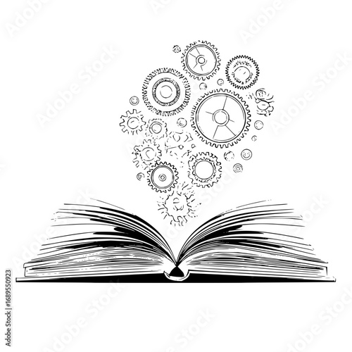 Open book with gears and cogs emanating from it in a black and white illustration style drawing art