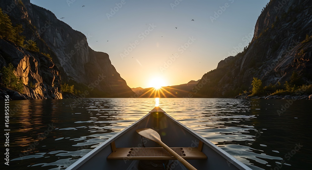 Fototapeta premium A Canoes Bow Points Towards a Radiant Sunset in a Majestic, Serene Fjord.