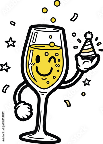 Cartoon champagne glass mascot hand drawn doodle style character celebrating a party vector illustration

