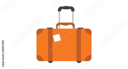 a vibrant orange suitcase with wheels handle and tag
