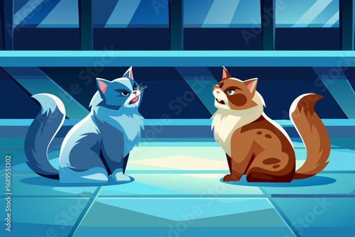 Two cats sitting opposite each other hissing, fluffy tails, tense atmosphere