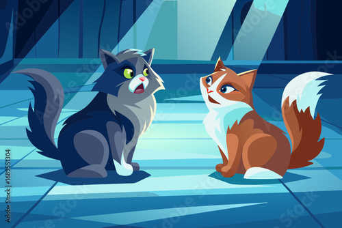 Two cats sitting opposite each other hissing, fluffy tails, tense atmosphere