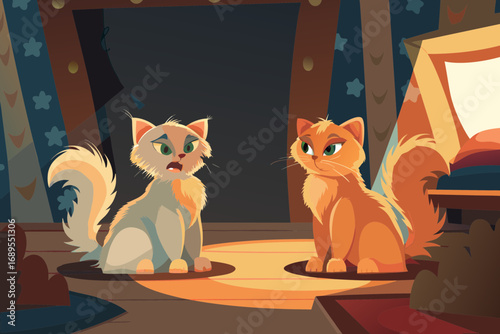 Two cats sitting opposite each other hissing, fluffy tails, tense atmosphere