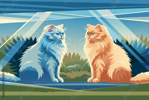 Two cats sitting opposite each other hissing, fluffy tails, tense atmosphere