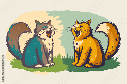 Two cats sitting opposite each other hissing, fluffy tails, tense atmosphere