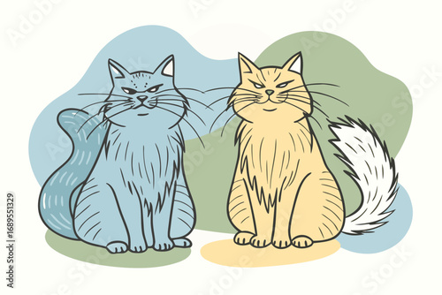 Two cats sitting opposite each other hissing, fluffy tails, tense atmosphere