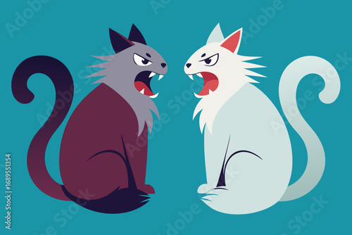 Two cats sitting opposite each other hissing, fluffy tails, tense atmosphere.