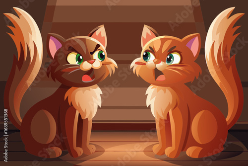 Two cats sitting opposite each other hissing, fluffy tails, tense atmosphere.