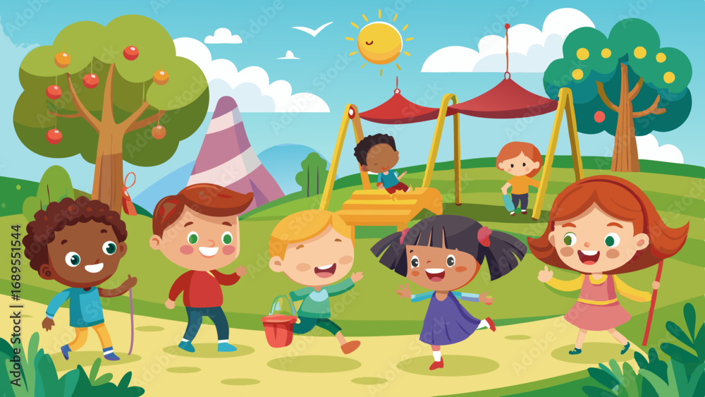 Fototapeta premium happy kids playing at the park vector background