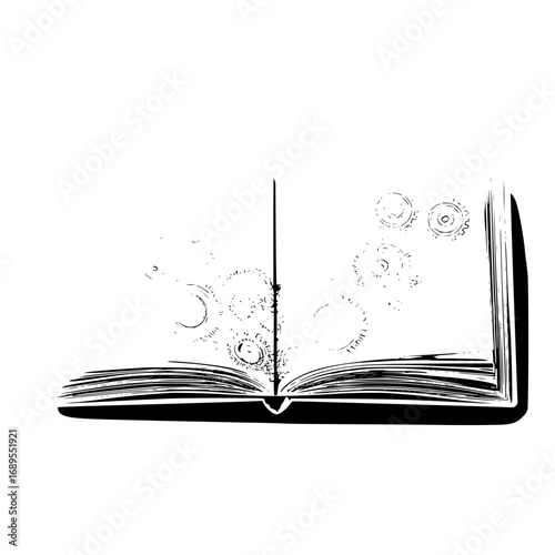 An open book with gears and cogs floating from the pages in a black and white illustration style