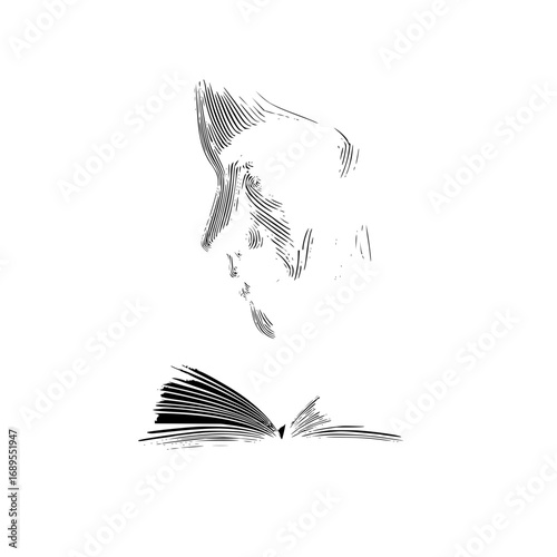 Stylized sketch of a face profile above an open book with visible pages in black and white drawing