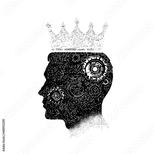Silhouette of a head filled with gears and a crown on top representing mechanical intelligence concept