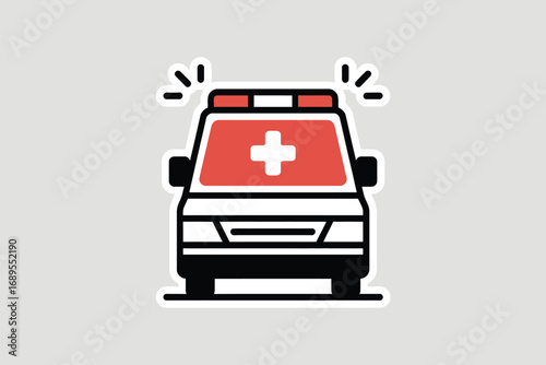 A cartoon style ambulance with red lights and a white cross on a light gray background sticker style