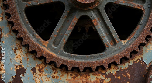 Industrial Relic - A Textured Close-Up of a Rusty Gear with Peeling Teal Paint.