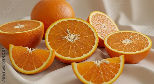 Sun-Kissed Citrus Still Life - Vibrant Sliced Oranges on a Draped Cloth.